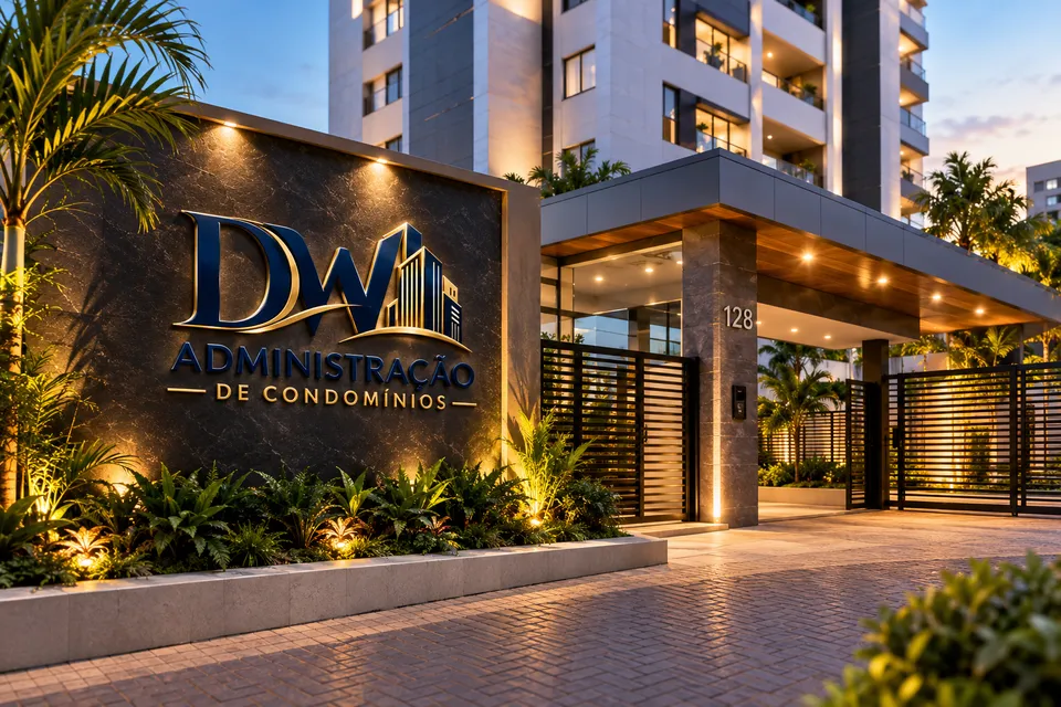 Imagem ilustrativa de entrada de condomínio ao entardecer com a identidade visual da DW